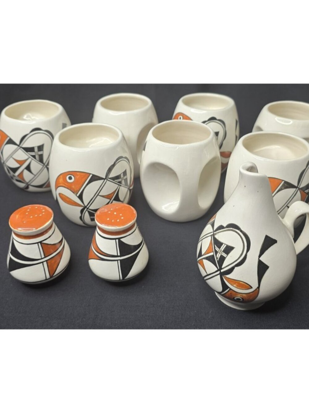 Isleta NM Handmade LL Lucero Native American 7 Mugs Salt Pepper Small Pitcher